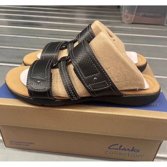 Clarks Shoes - Clarks Elizabeth Ave‎ Sandals Womens 6 Black Leather Slip On Slide